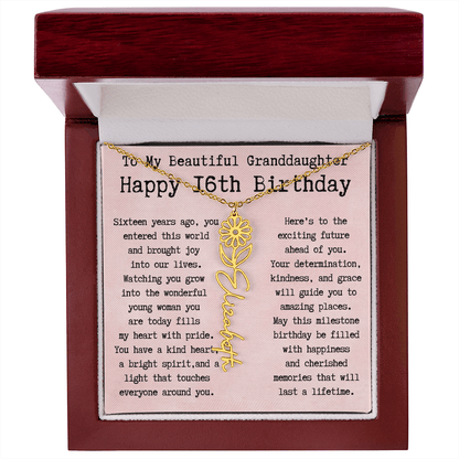 Personalized 16th Birthday Gift for Granddaughter – Customized Birth Flower Name Necklace – Sweet Sixteenth Jewelry Gift from Grandma
