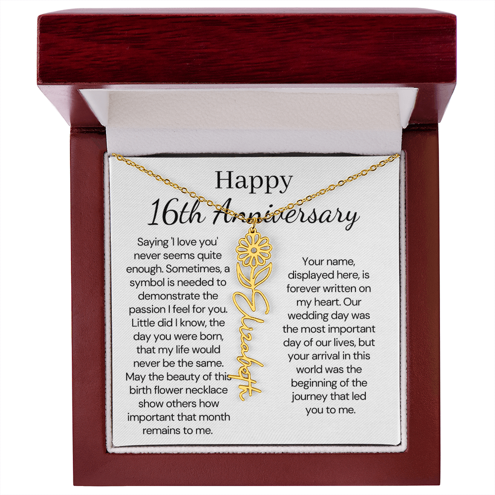 Personalized 16th Anniversary Gift for Wife – Customized Birth Flower Name Necklace – Unique Sixteenth Wedding Anniversary Gift Ideas for Wife