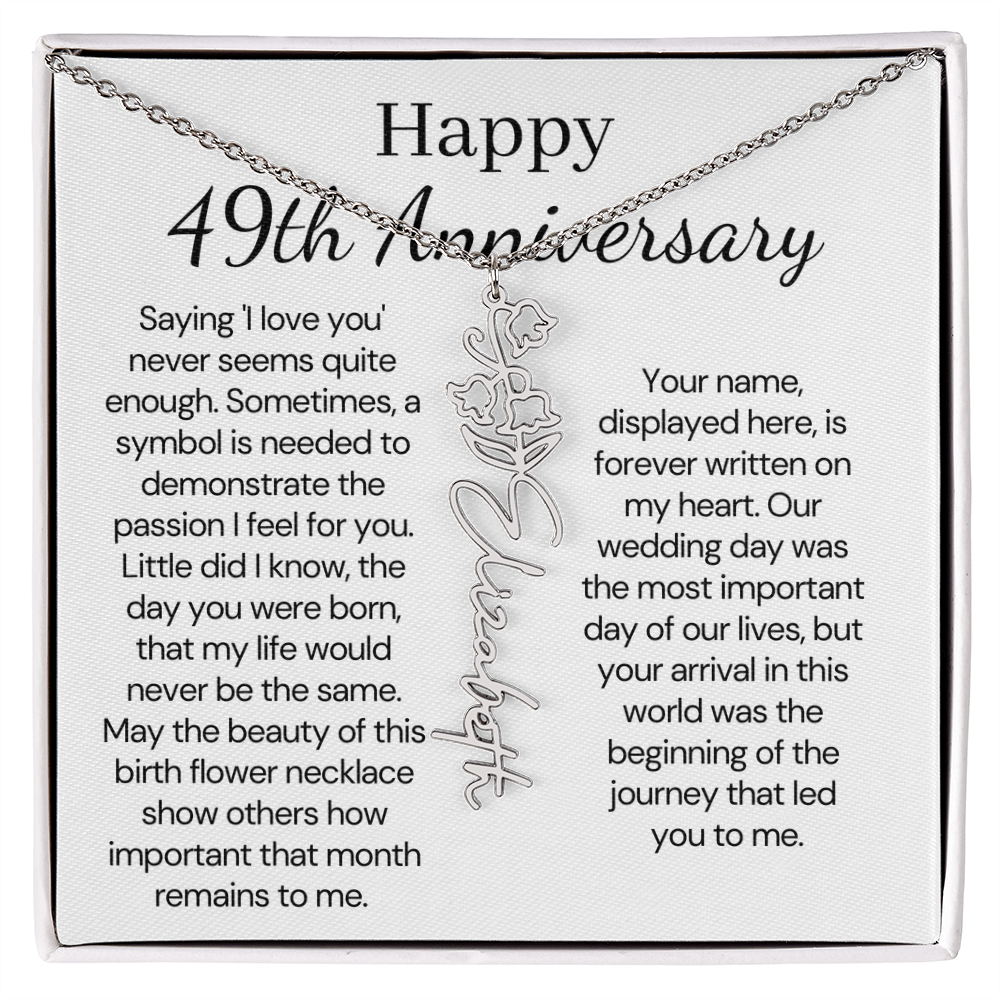 Personalized 49th Anniversary Gift for Wife – Customized Birth Flower Name Necklace – Unique Forty-Ninth Wedding Anniversary Gift Ideas for Wife from Husband
