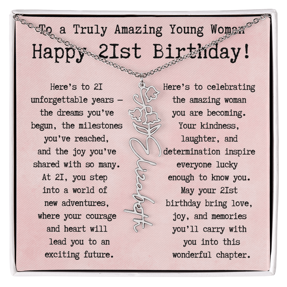 Personalized 21st Birthday Gift for Her – Customized Birth Flower Name Necklace – Unique Twenty-First Birthday Jewelry Gift from Grandma, Mom, Aunt, or Friend