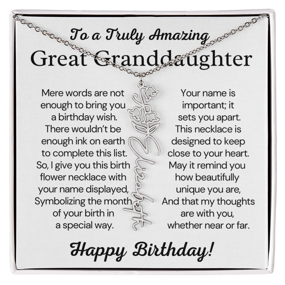 Personalized Birthday Gift for Great Granddaughter – Customized Birth Flower Name Necklace – Custom Jewelry Gift from Grandma