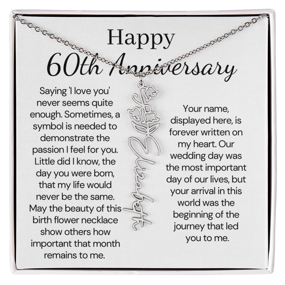 Personalized 60th Anniversary Gift for Wife – Customized Birth Flower Name Necklace – Unique Sixtieth Wedding Anniversary Gift Ideas for Wife from Husband