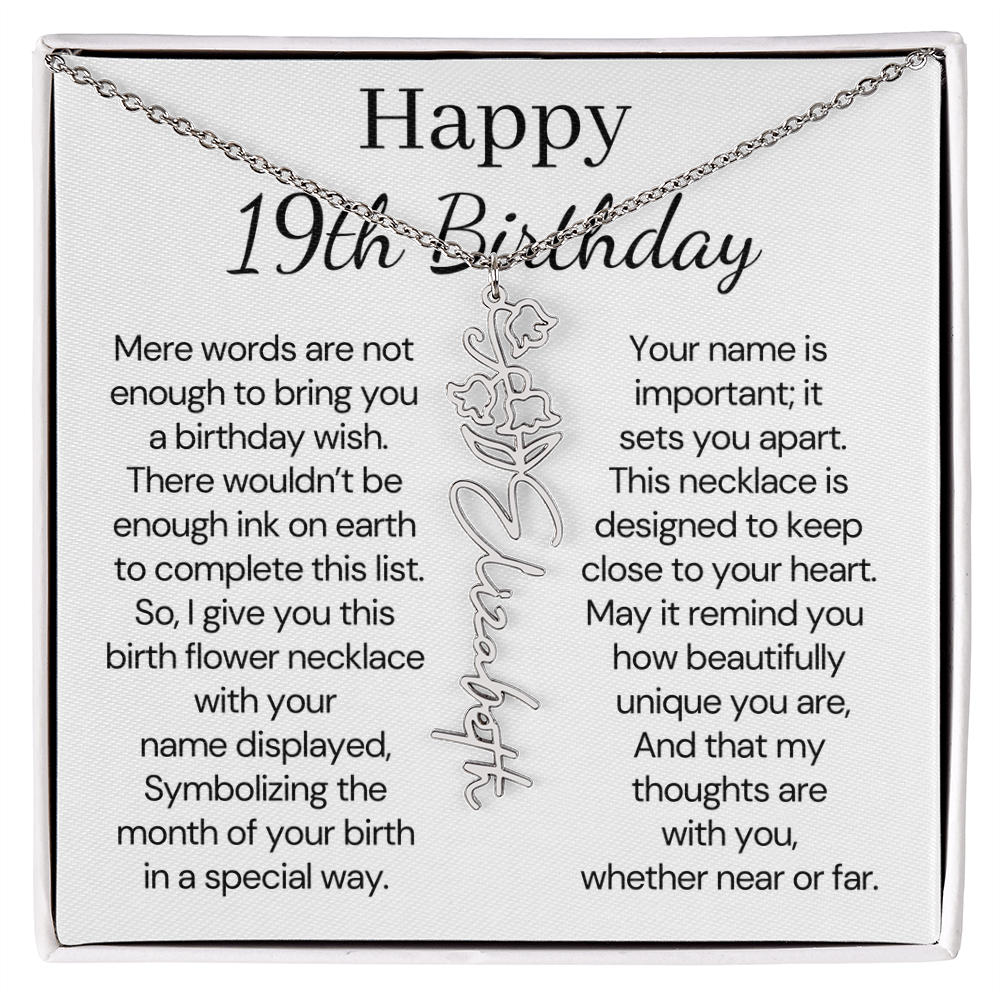 Personalized 19th Birthday Gift for Her  – Customized Birth Flower Name Necklace – 19th Birthday Jewelry Gift for Granddaughter, Daughter, or Niece