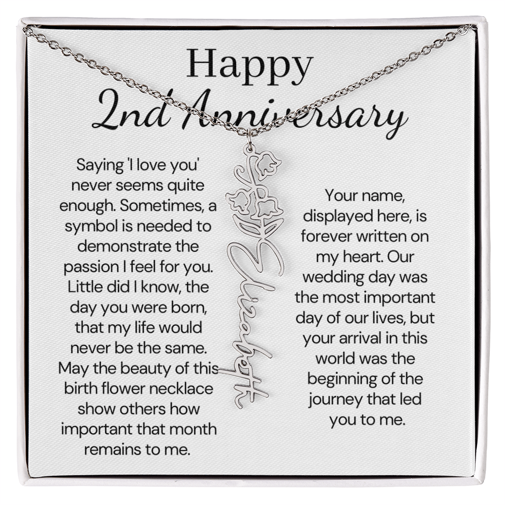 Personalized 2nd Wedding Anniversary Gift for Wife – Customized Birth Flower Name Necklace – Unique second Anniversary Gift Ideas for Wife from Husband