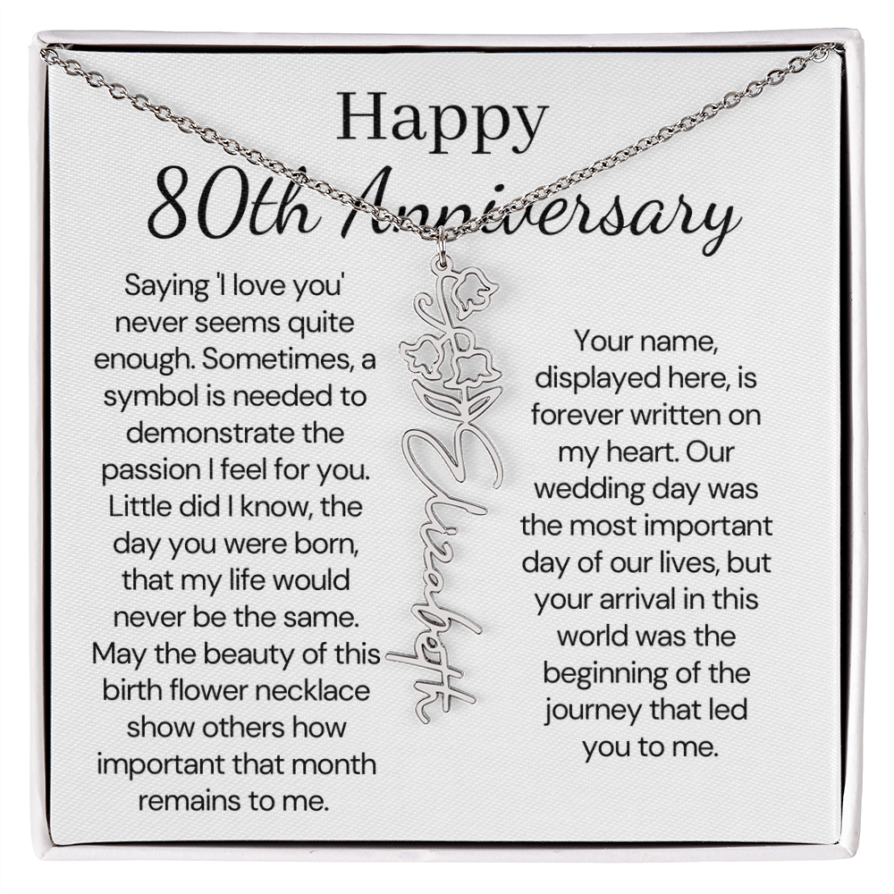 Personalized 80th Anniversary Gift for Wife – Customized Birth Flower Name Necklace – Unique Eightieth Wedding Anniversary Gift Ideas for Wife from Husband