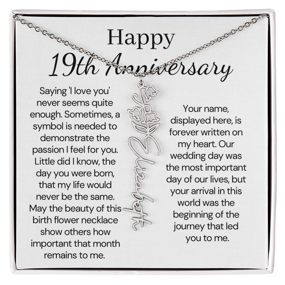 Personalized 19th Anniversary Gift for Wife – Customized Birth Flower Name Necklace – Unique Nineteenth Wedding Anniversary Gift Ideas for Wife from Husband