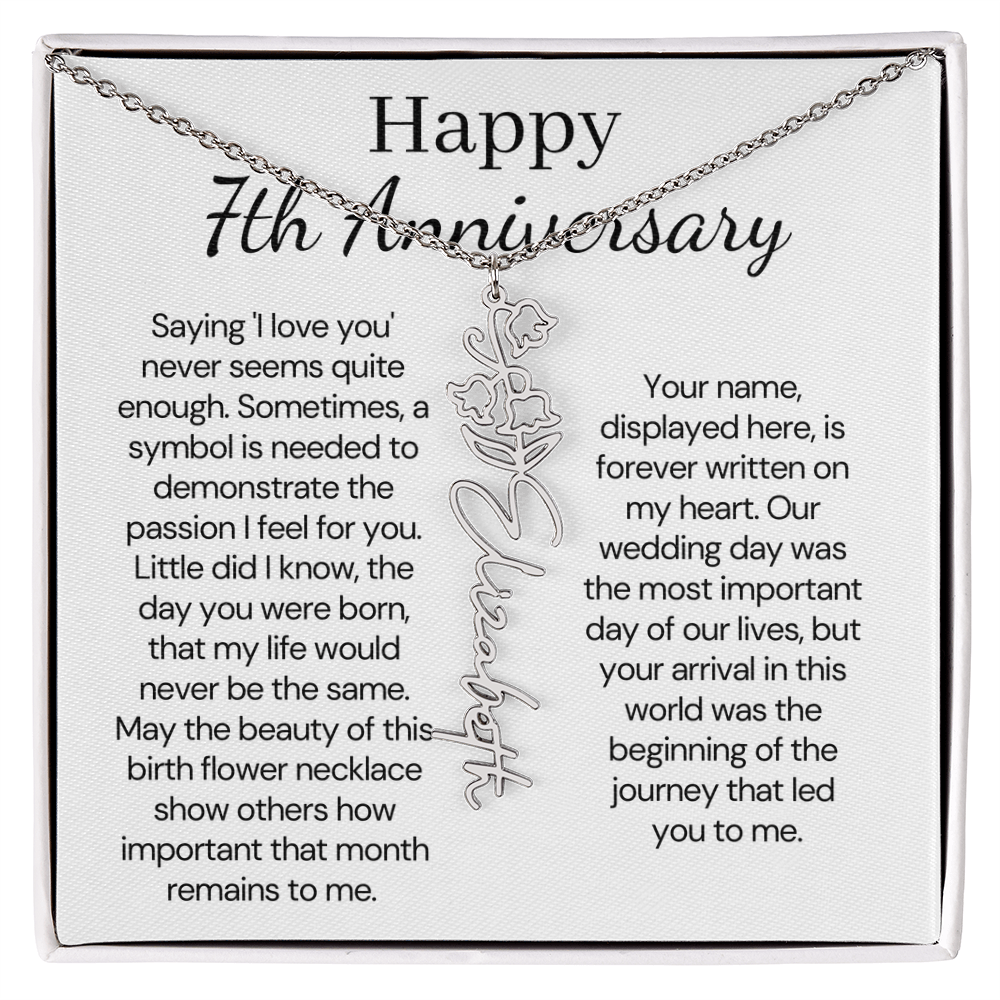 Personalized 7th Wedding Anniversary Gift for Wife – Customized Birth Flower Name Necklace – Unique Seventh Anniversary Gift Ideas for Wife from Husband