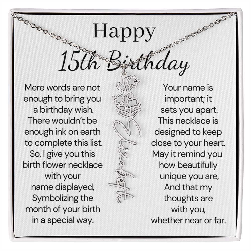 Personalized 15th Birthday Gift for Her – Customized Birth Flower Name Necklace – 15th Birthday Jewelry Gift for Granddaughter, Daughter, or Niece