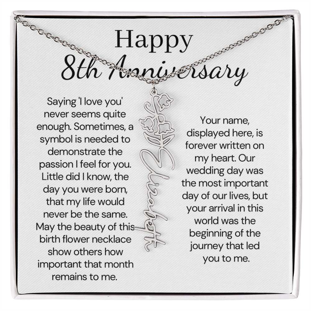 Personalized 8th Wedding Anniversary Gift for Wife – Customized Birth Flower Name Necklace – Unique Eighth Anniversary Gift Ideas for Wife from Husband