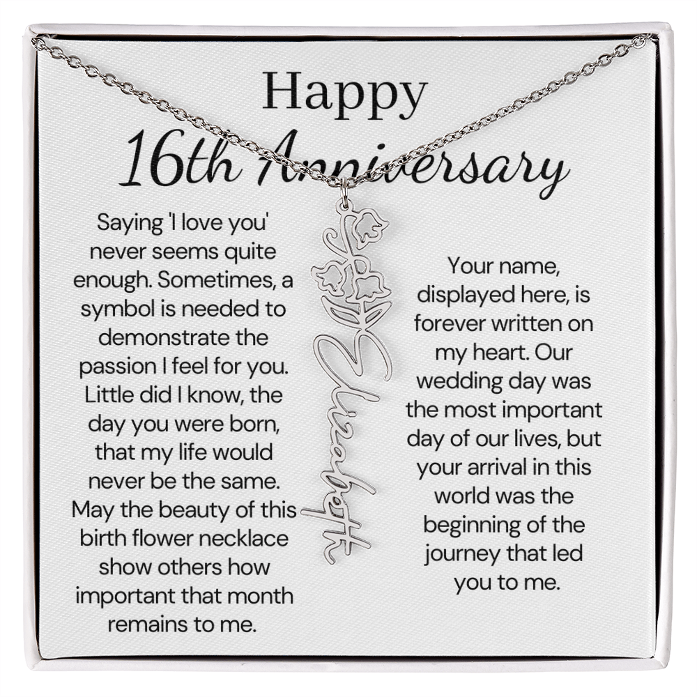 Personalized 16th Anniversary Gift for Wife – Customized Birth Flower Name Necklace – Unique Sixteenth Wedding Anniversary Gift Ideas for Wife