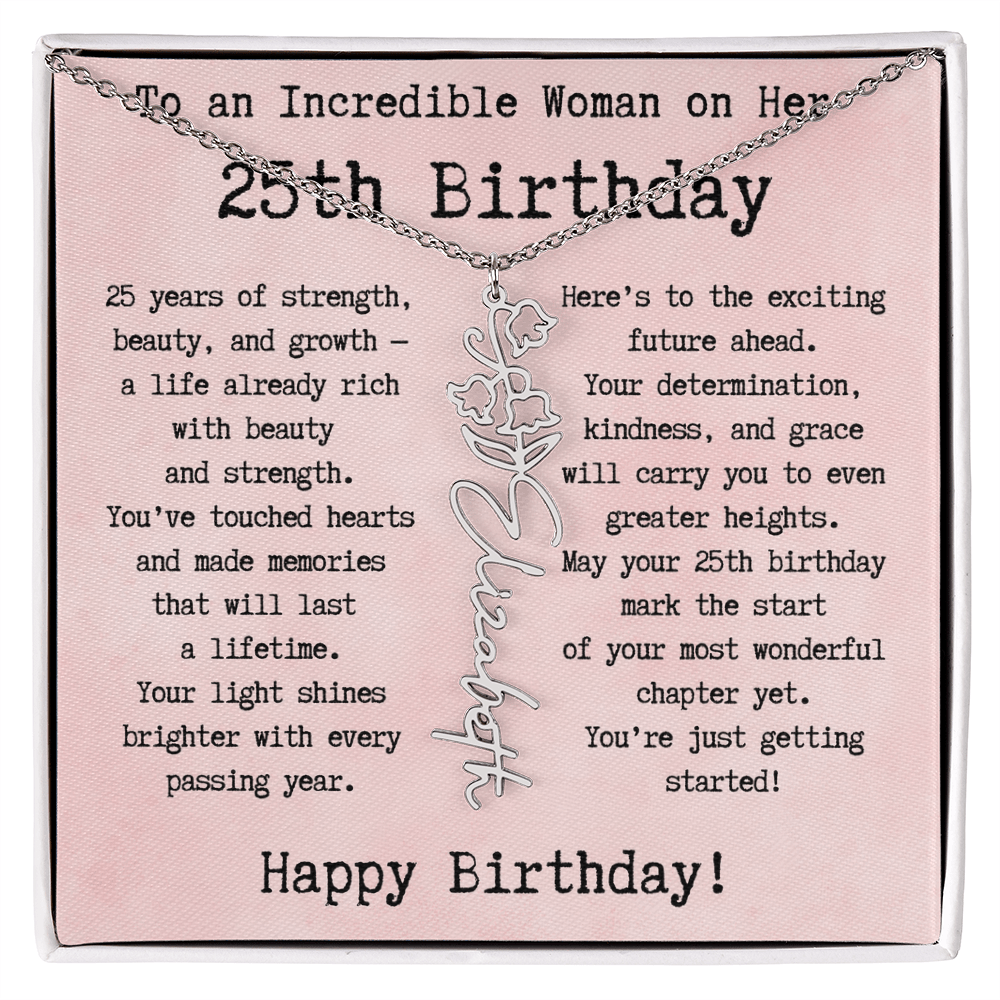 Personalized 25th Birthday Gift for Her – Customized Birth Flower Name Necklace – Unique Twenty-Fifth Birthday Jewelry Gift from Grandma, Mom, Aunt, or Friend