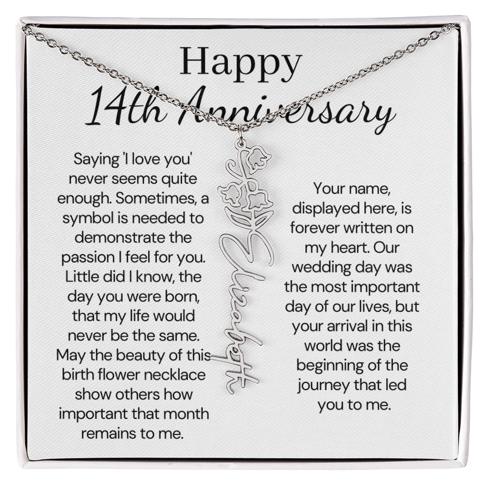 Personalized 14th Anniversary Gift for Wife – Customized Birth Flower Name Necklace – Unique Fourteenth Wedding Anniversary Gift Ideas for Wife from Husband