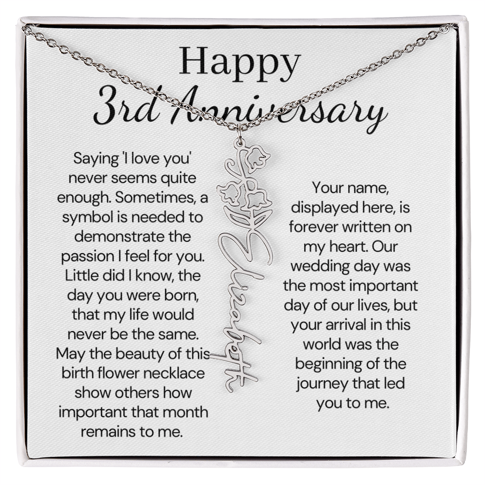 Personalized 3rd Wedding Anniversary Gift for Wife – Customized Birth Flower Name Necklace – Unique Third Anniversary Gift Ideas for Wife from Husband