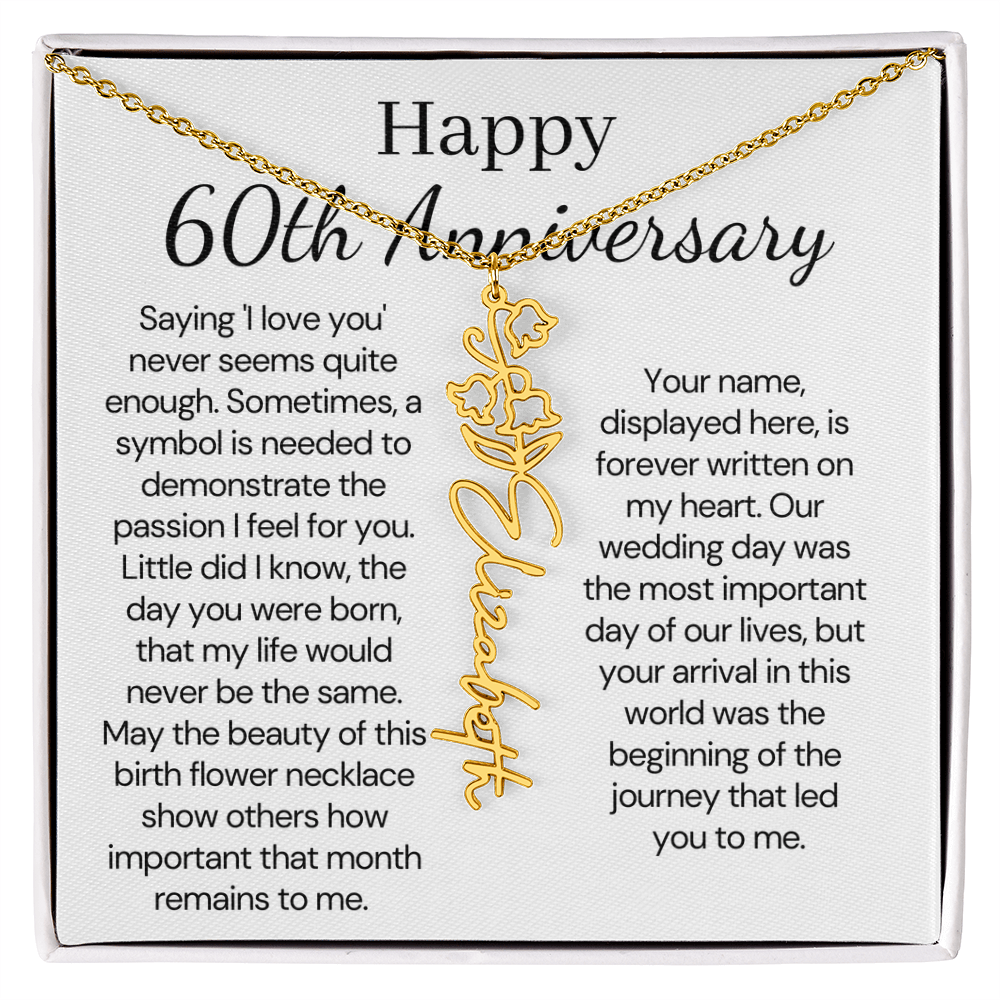 Personalized 60th Anniversary Gift for Wife – Customized Birth Flower Name Necklace – Unique Sixtieth Wedding Anniversary Gift Ideas for Wife from Husband