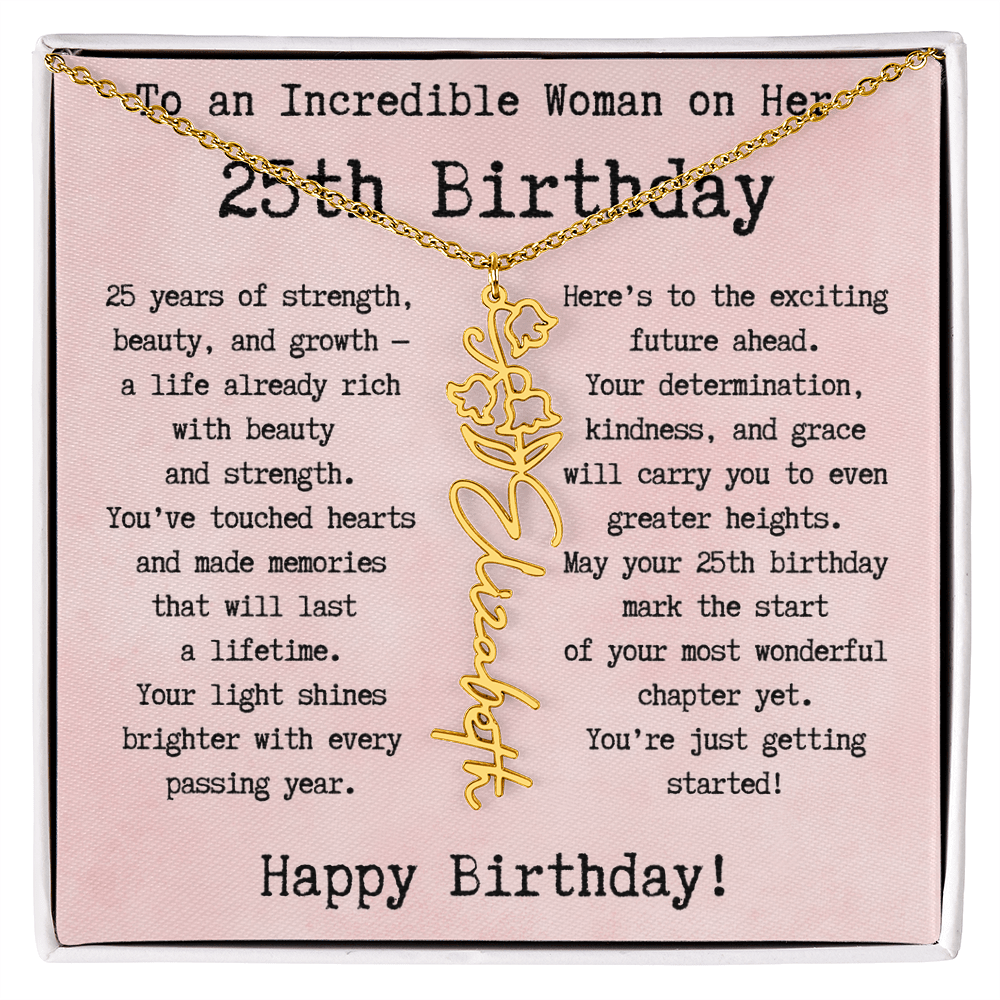 Personalized 25th Birthday Gift for Her – Customized Birth Flower Name Necklace – Unique Twenty-Fifth Birthday Jewelry Gift from Grandma, Mom, Aunt, or Friend