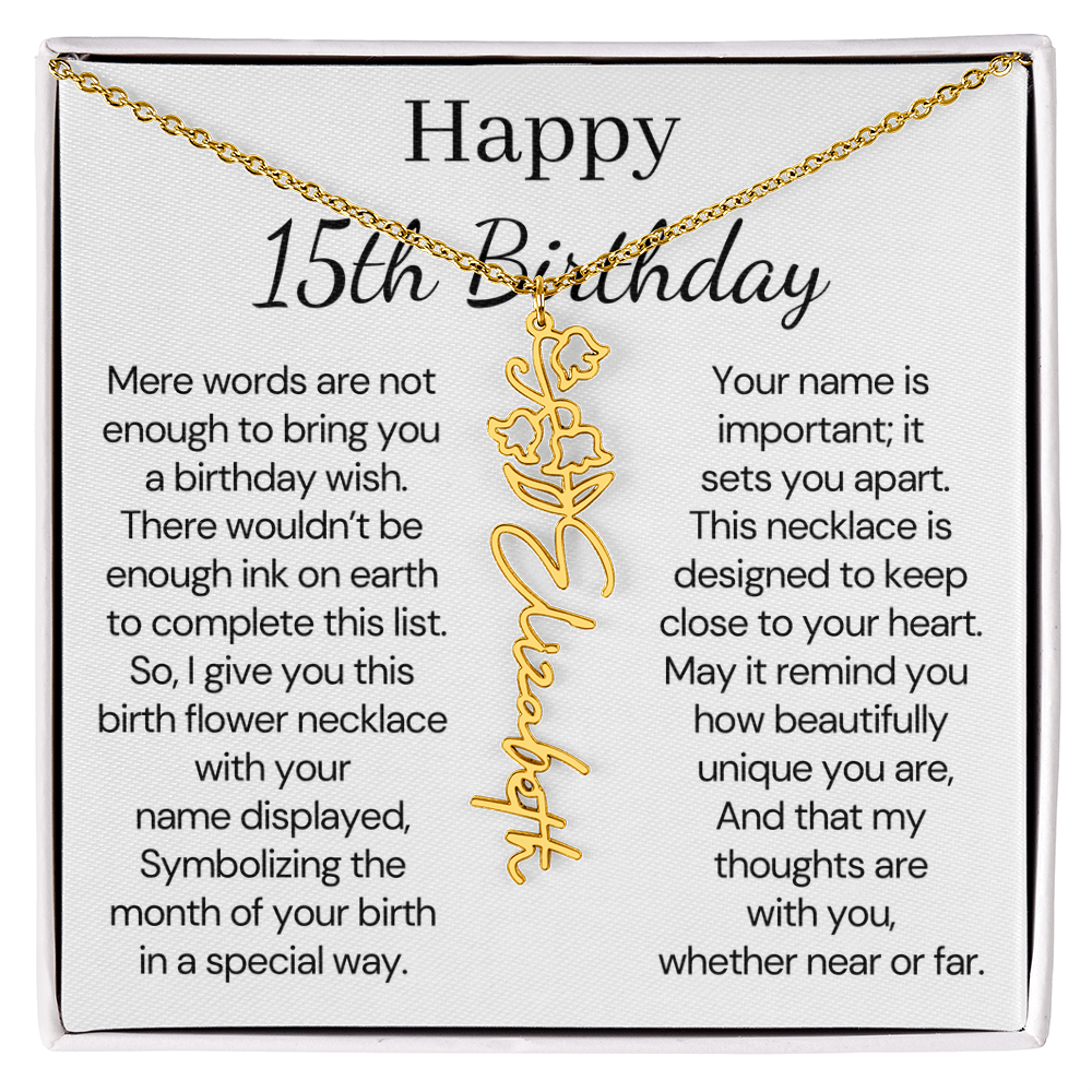 Personalized 15th Birthday Gift for Her – Customized Birth Flower Name Necklace – 15th Birthday Jewelry Gift for Granddaughter, Daughter, or Niece