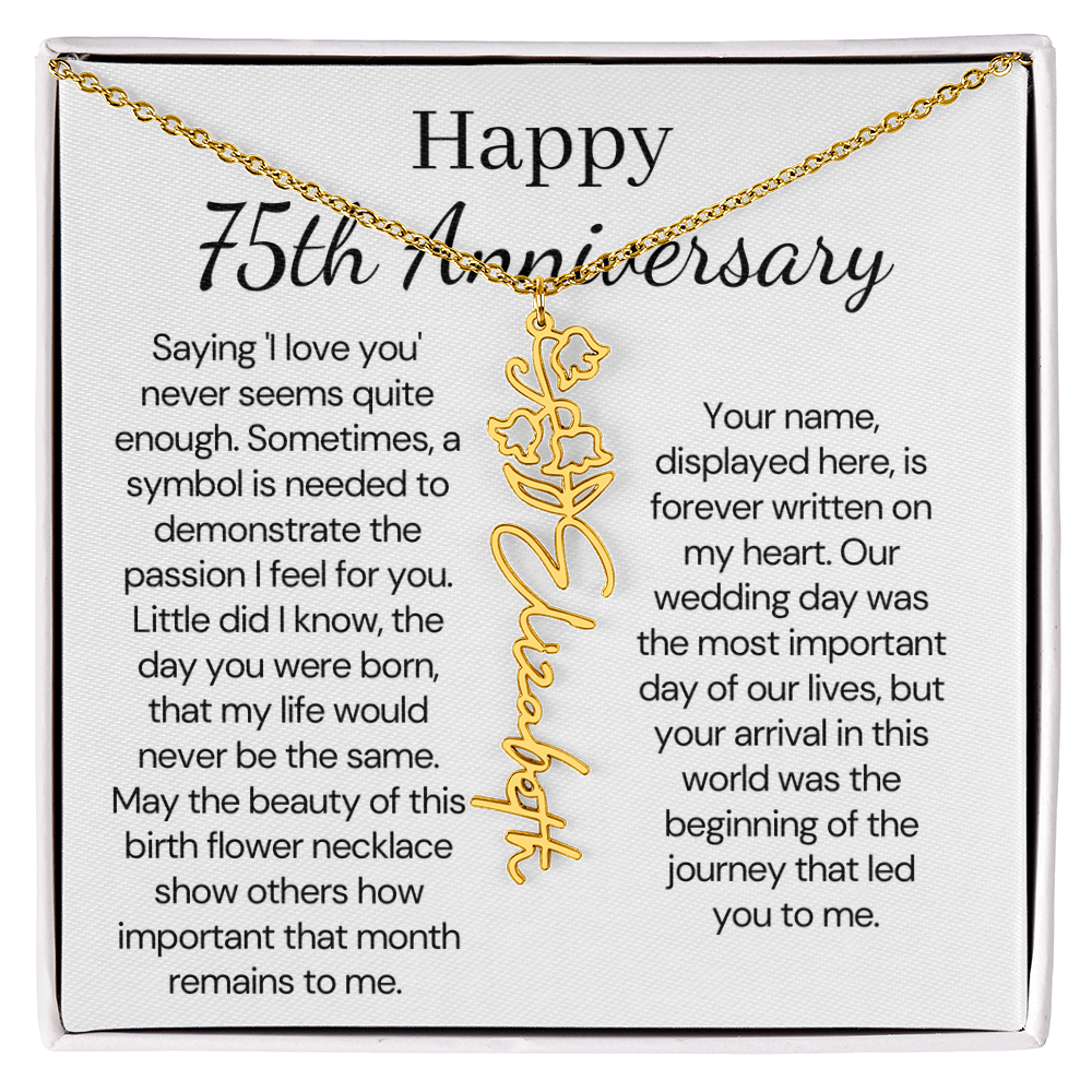 Personalized 75th Anniversary Gift for Wife – Customized Birth Flower Name Necklace – Unique Seventy-Fifth Wedding Anniversary Gift Ideas for Wife from Husband