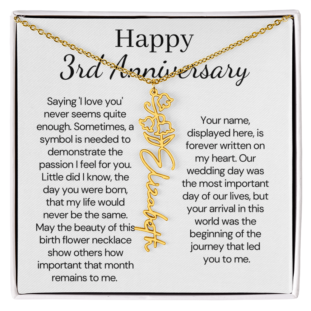 Personalized 3rd Wedding Anniversary Gift for Wife – Customized Birth Flower Name Necklace – Unique Third Anniversary Gift Ideas for Wife from Husband