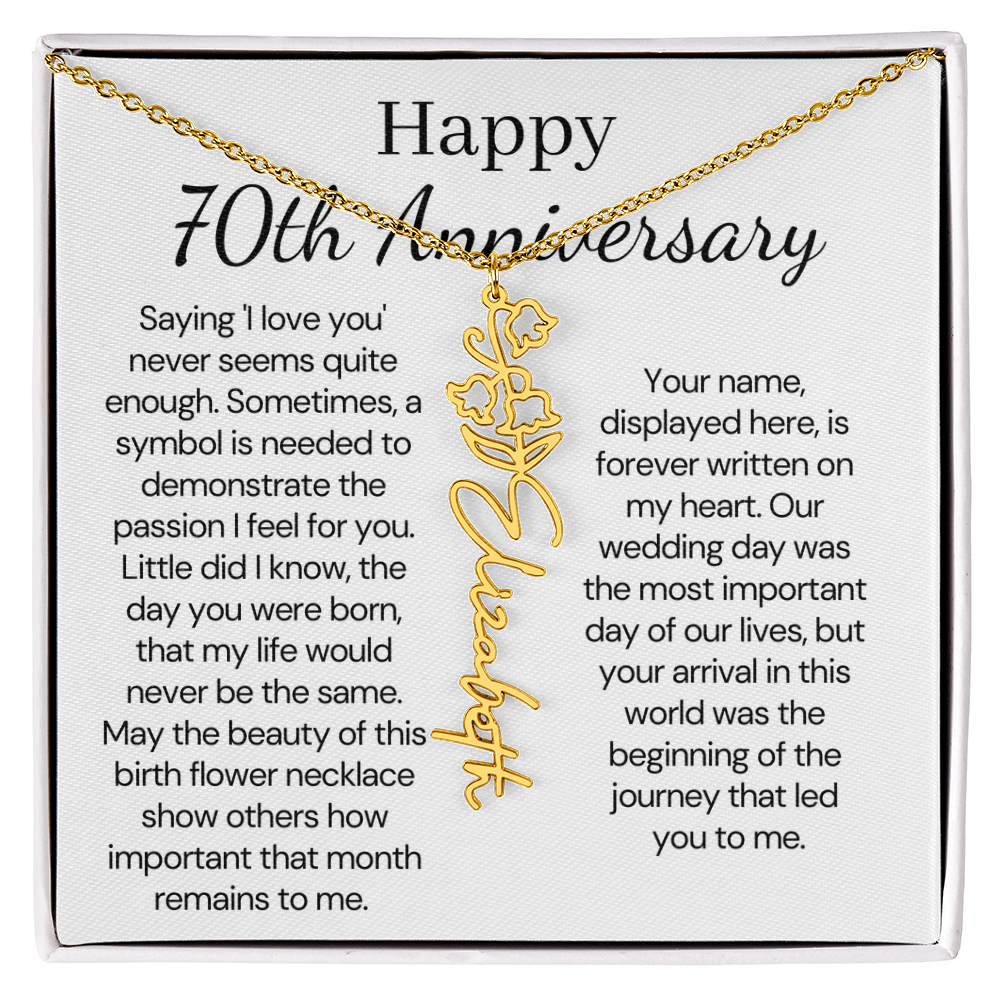Personalized 70th Anniversary Gift for Wife – Customized Birth Flower Name Necklace – Unique Seventieth Wedding Anniversary Gift Ideas for Wife from Husband