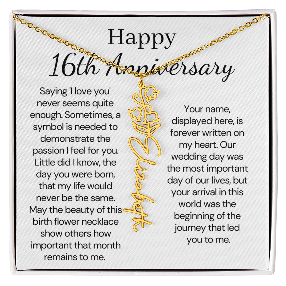 Personalized 16th Anniversary Gift for Wife – Customized Birth Flower Name Necklace – Unique Sixteenth Wedding Anniversary Gift Ideas for Wife