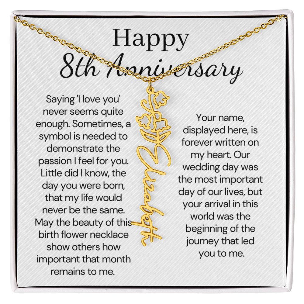 Personalized 8th Wedding Anniversary Gift for Wife – Customized Birth Flower Name Necklace – Unique Eighth Anniversary Gift Ideas for Wife from Husband
