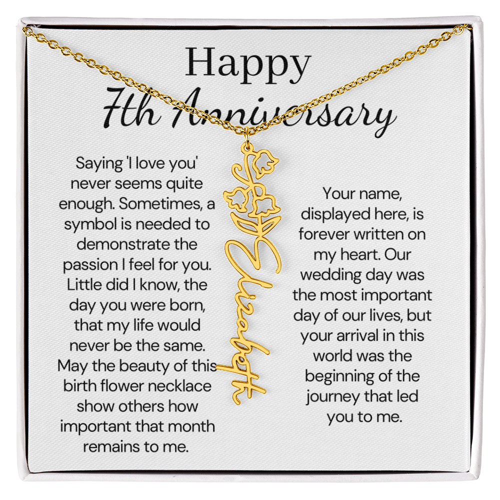 Personalized 7th Wedding Anniversary Gift for Wife – Customized Birth Flower Name Necklace – Unique Seventh Anniversary Gift Ideas for Wife from Husband