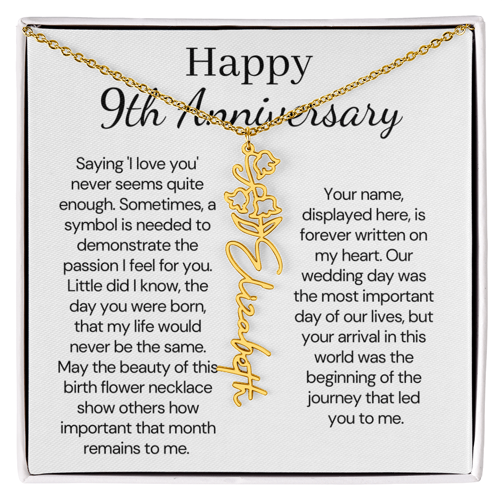 Personalized 9th Wedding Anniversary Gift for Wife – Customized Birth Flower Name Necklace – Unique Ninth Anniversary Gift Ideas for Wife from Husband