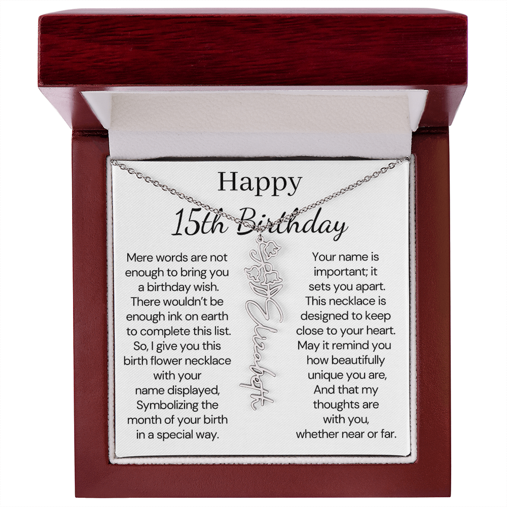 Personalized 15th Birthday Gift for Her – Customized Birth Flower Name Necklace – 15th Birthday Jewelry Gift for Granddaughter, Daughter, or Niece