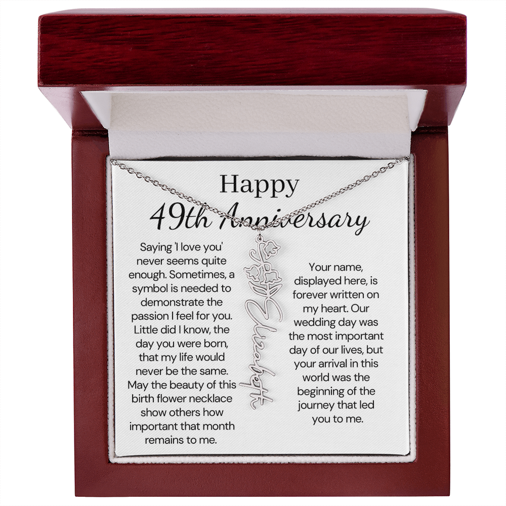 Personalized 49th Anniversary Gift for Wife – Customized Birth Flower Name Necklace – Unique Forty-Ninth Wedding Anniversary Gift Ideas for Wife from Husband