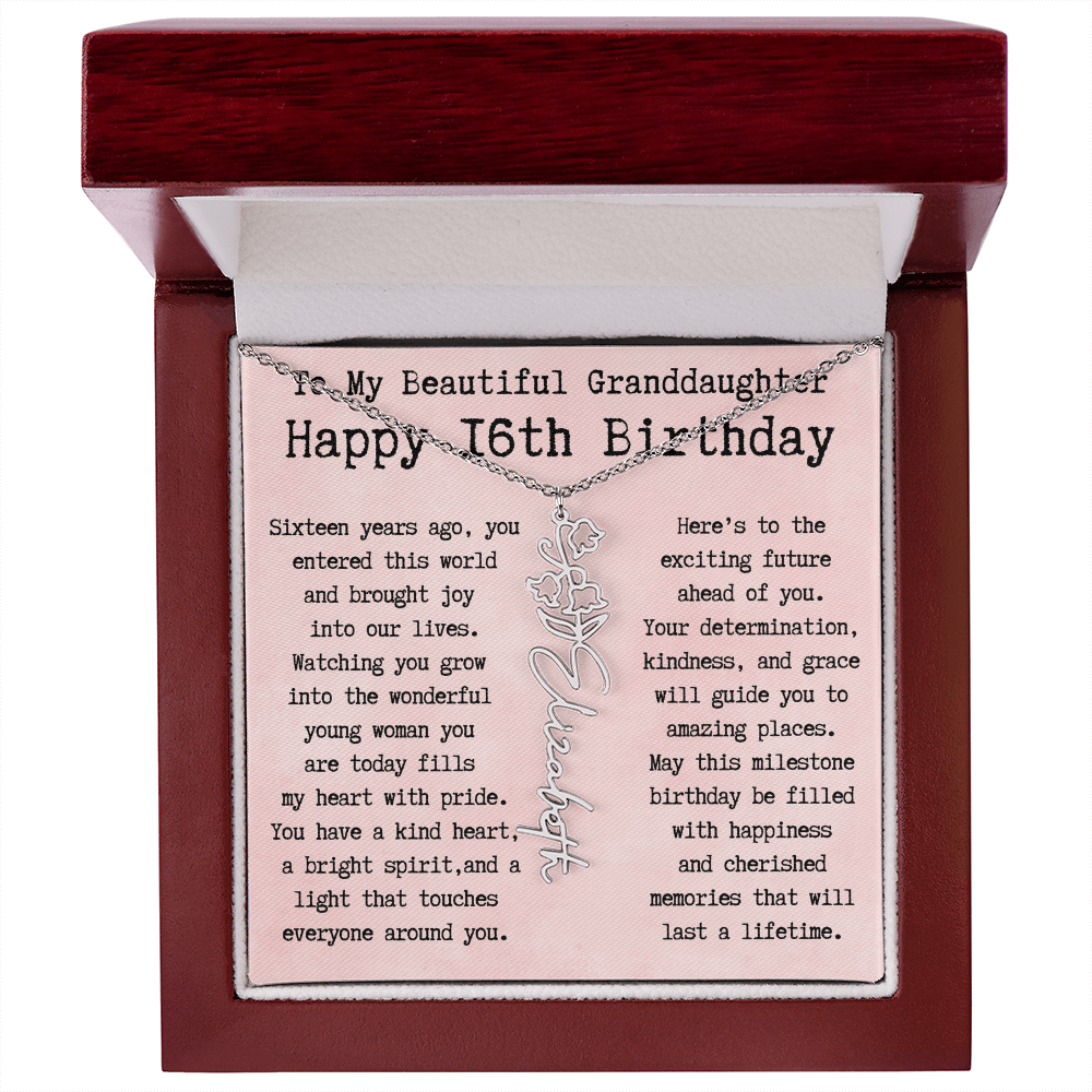 Personalized 16th Birthday Gift for Granddaughter – Customized Birth Flower Name Necklace – Sweet Sixteenth Jewelry Gift from Grandma