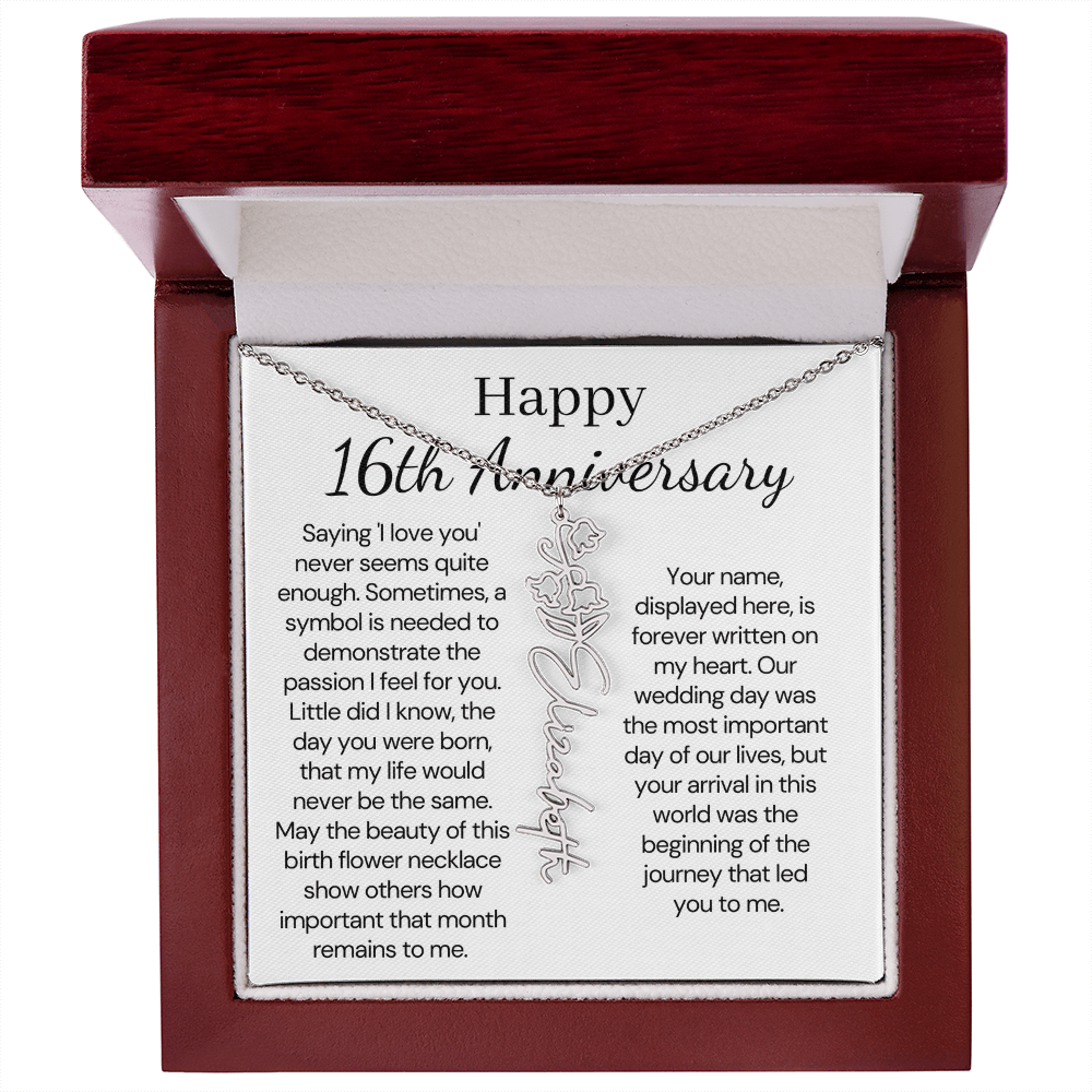 Personalized 16th Anniversary Gift for Wife – Customized Birth Flower Name Necklace – Unique Sixteenth Wedding Anniversary Gift Ideas for Wife