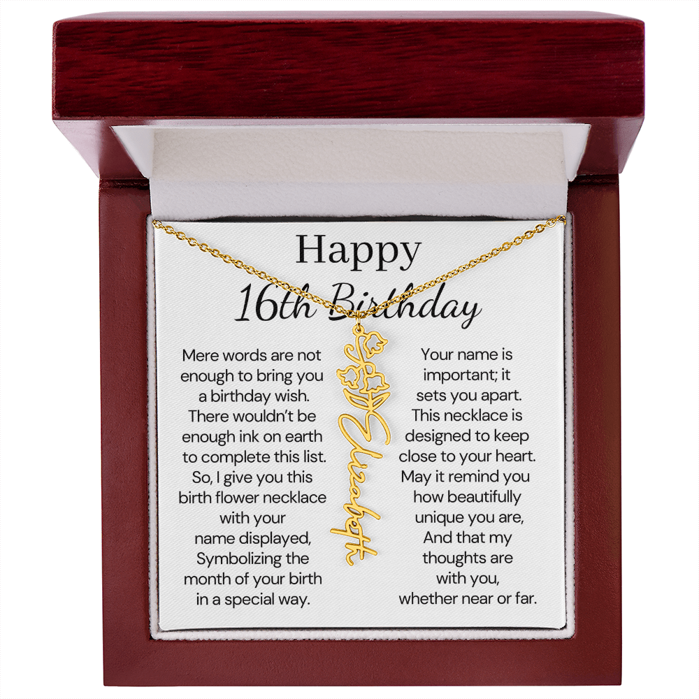 Personalized 16th Birthday Gift for Her  – Customized Birth Flower Name Necklace – Jewelry Gift for Granddaughter, Daughter, or Niece