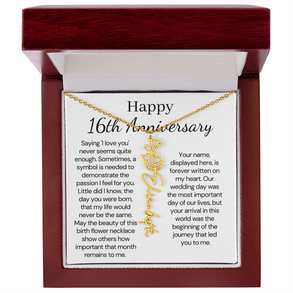 Personalized 16th Anniversary Gift for Wife – Customized Birth Flower Name Necklace – Unique Sixteenth Wedding Anniversary Gift Ideas for Wife