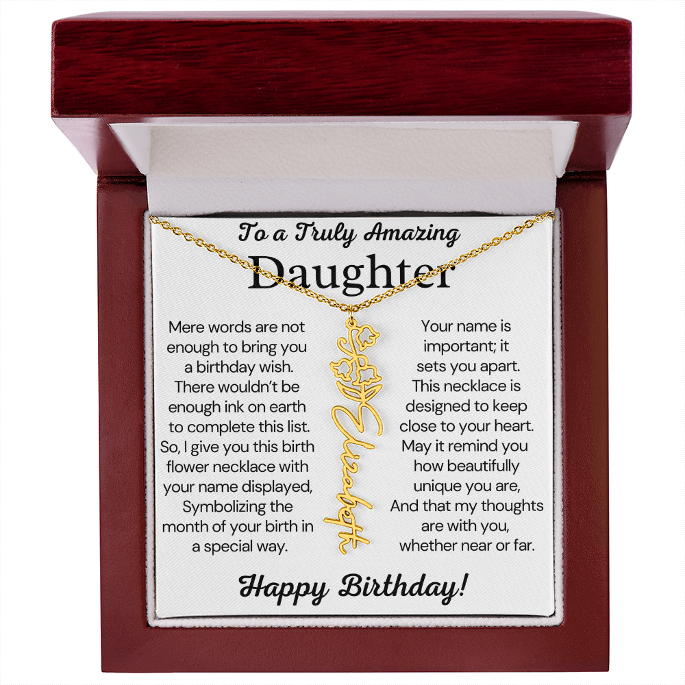 Personalized Birthday Gift for Daughter – Customized Birth Flower Name Necklace – Birthday Jewelry Gift from Mom or Dad