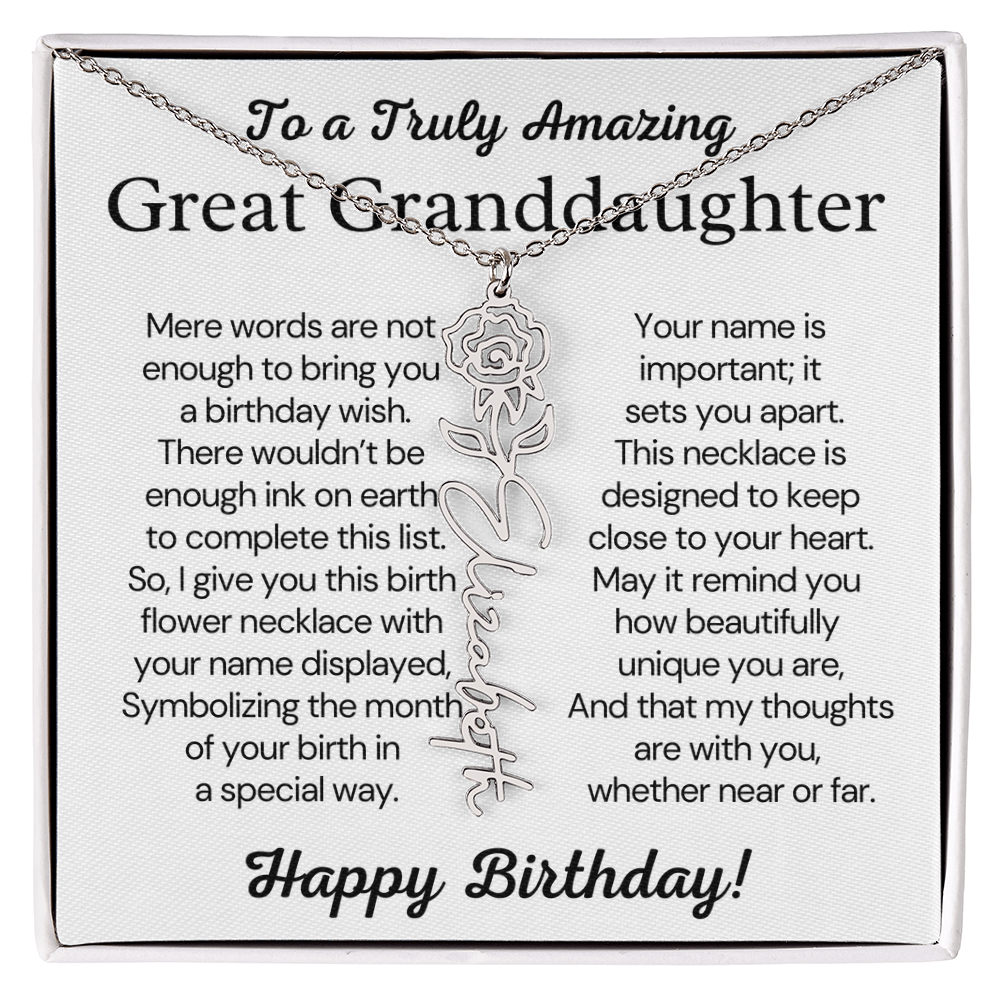Personalized Birthday Gift for Great Granddaughter – Customized Birth Flower Name Necklace – Custom Jewelry Gift from Grandma