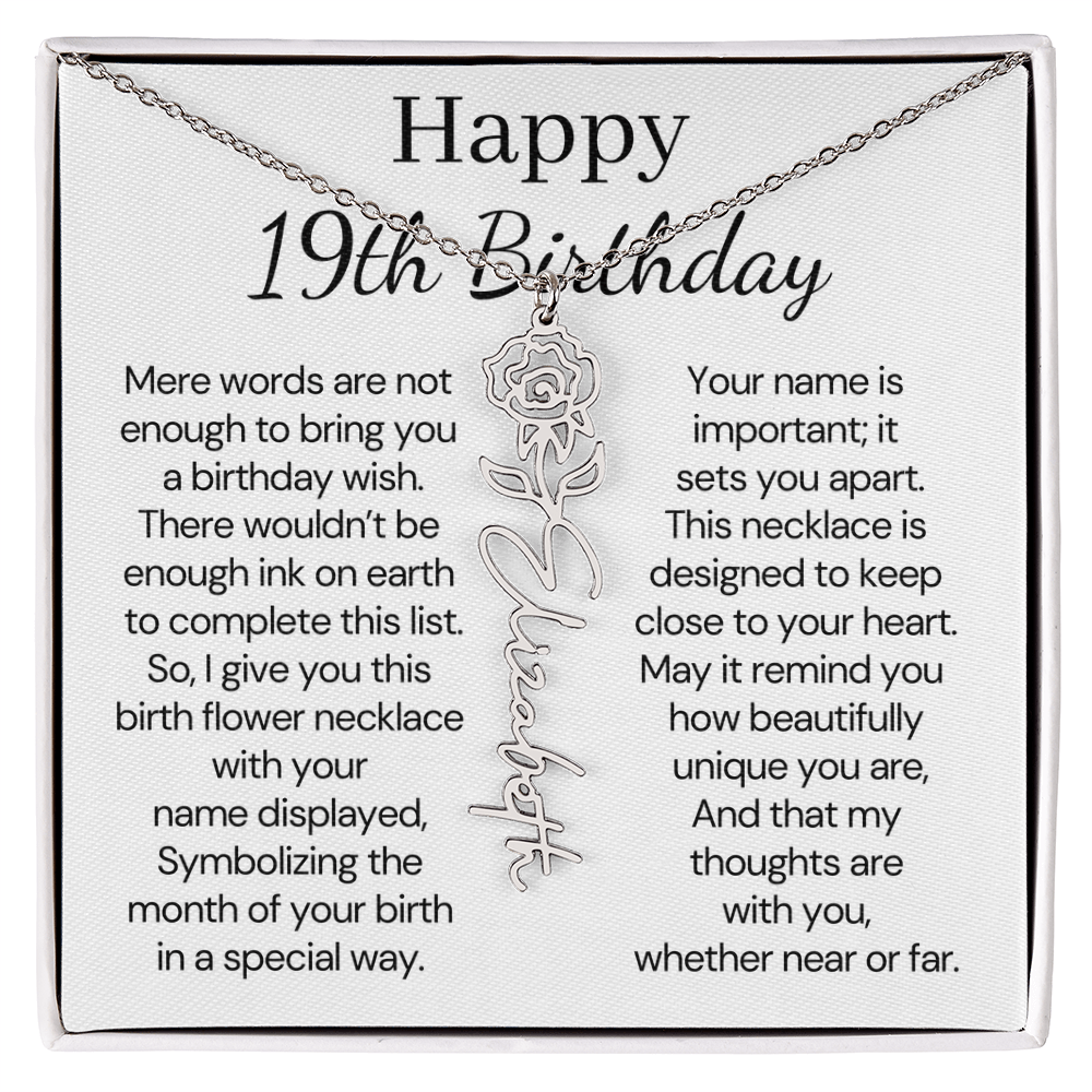 Personalized 19th Birthday Gift for Her  – Customized Birth Flower Name Necklace – 19th Birthday Jewelry Gift for Granddaughter, Daughter, or Niece