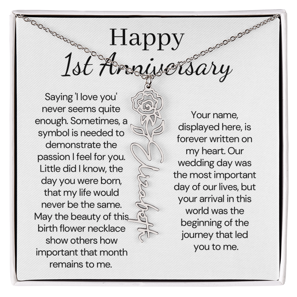 Personalized 1st Wedding Anniversary Gift for Wife – Customized Birth Flower Name Necklace – Unique Anniversary Gift Ideas for Wife from Husband