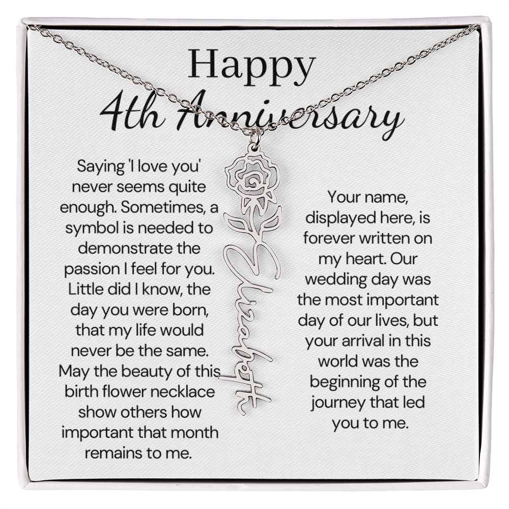 Personalized 4th Wedding Anniversary Gift for Wife – Customized Birth Flower Name Necklace – Unique Anniversary Gift Ideas for Wife from Husband