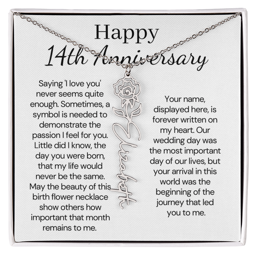 Personalized 14th Anniversary Gift for Wife – Customized Birth Flower Name Necklace – Unique Fourteenth Wedding Anniversary Gift Ideas for Wife from Husband