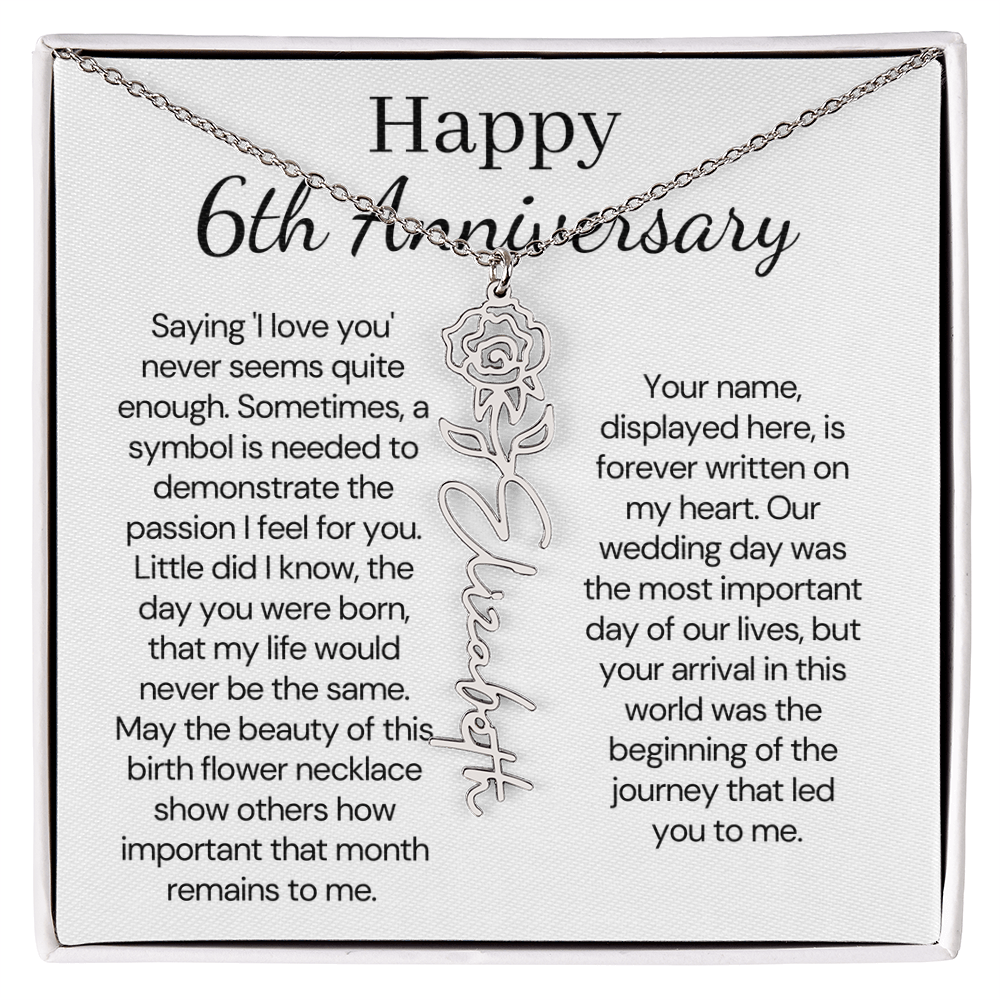 Personalized 6th Wedding Anniversary Gift for Wife – Customized Birth Flower Name Necklace – Unique Sixth Anniversary Gift Ideas for Wife from Husband