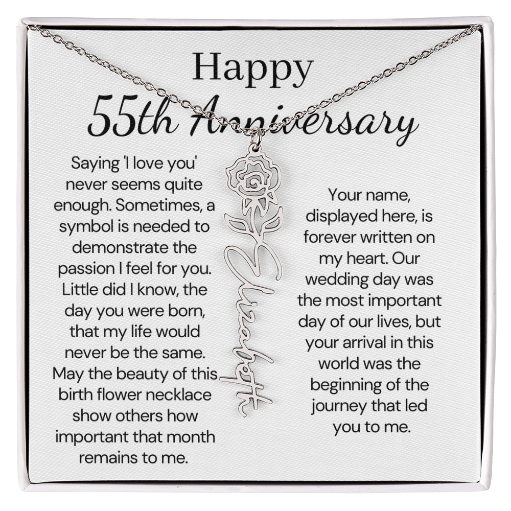 Personalized 55th Anniversary Gift for Wife – Customized Birth Flower Name Necklace – Unique Fifty-Fifth Wedding Anniversary Gift Ideas for Wife from Husband
