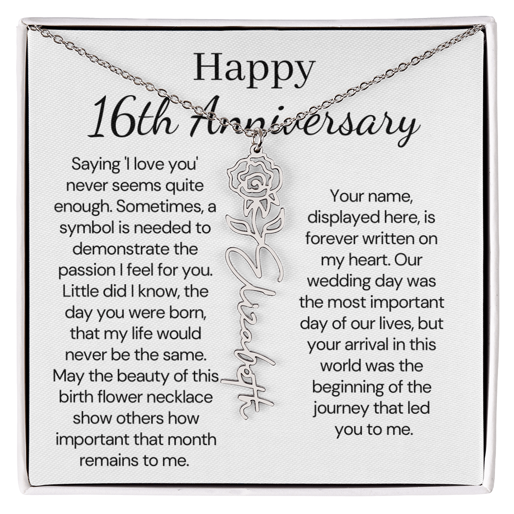 Personalized 16th Anniversary Gift for Wife – Customized Birth Flower Name Necklace – Unique Sixteenth Wedding Anniversary Gift Ideas for Wife