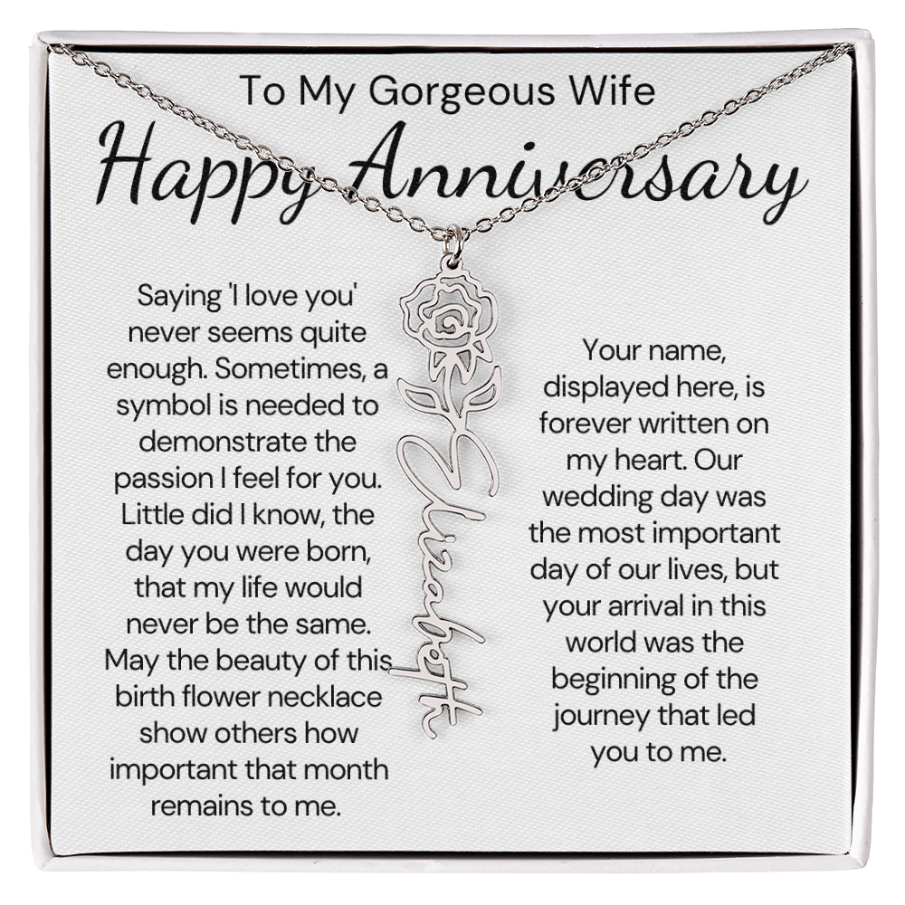 Personalized Anniversary Gift for Wife – Customized Birth Flower Name Necklace – Unique Wedding Anniversary Jewelry Gift from Husband