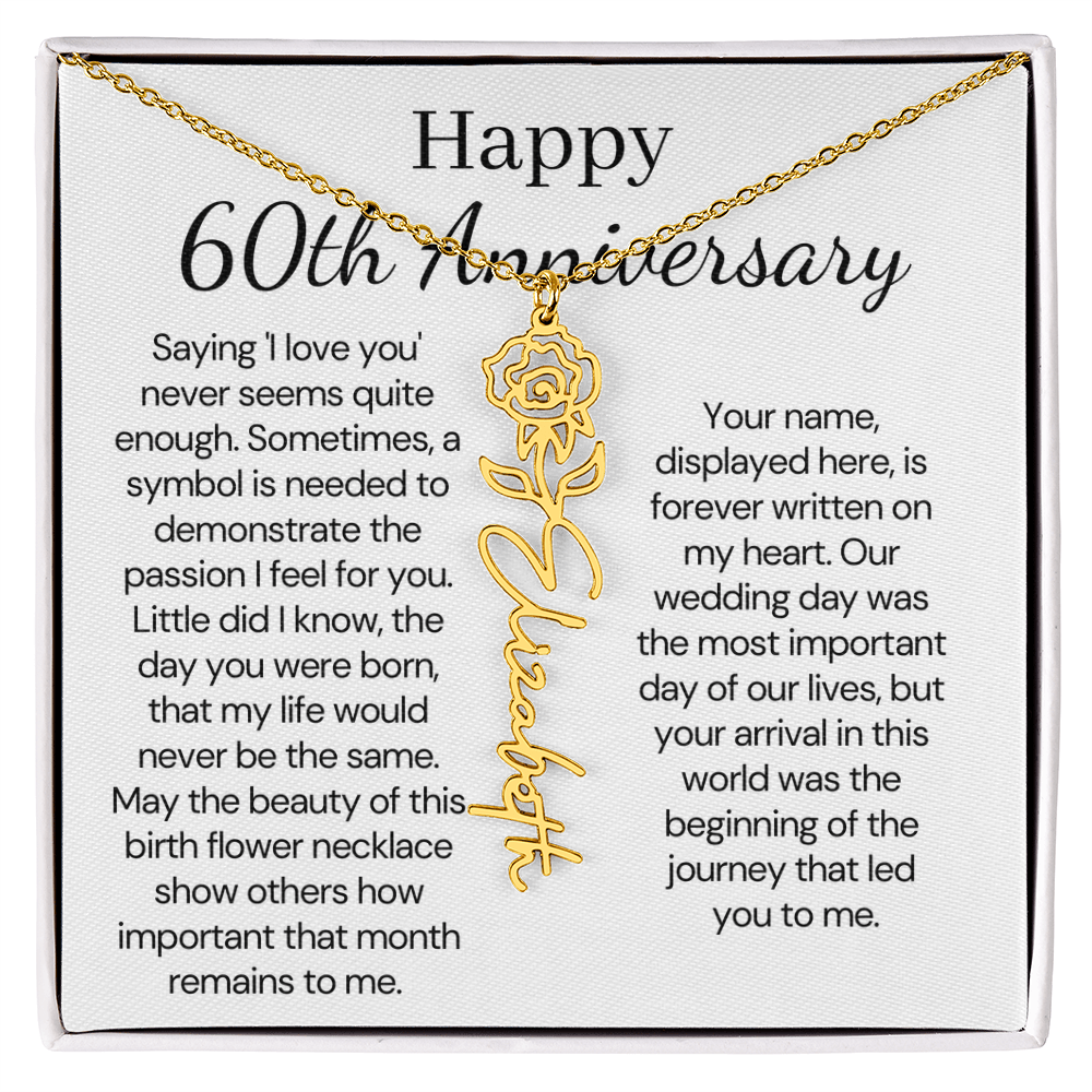 Personalized 60th Anniversary Gift for Wife – Customized Birth Flower Name Necklace – Unique Sixtieth Wedding Anniversary Gift Ideas for Wife from Husband