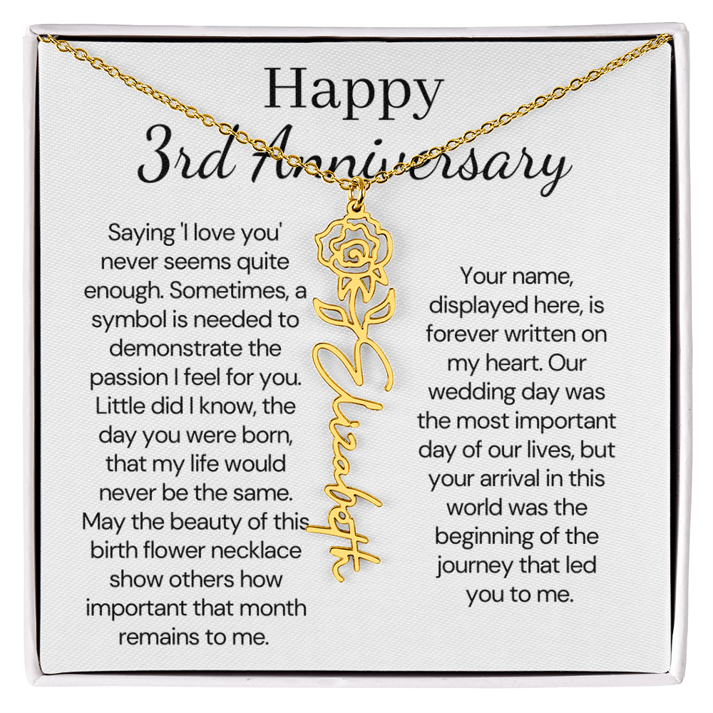 Personalized 3rd Wedding Anniversary Gift for Wife – Customized Birth Flower Name Necklace – Unique Third Anniversary Gift Ideas for Wife from Husband