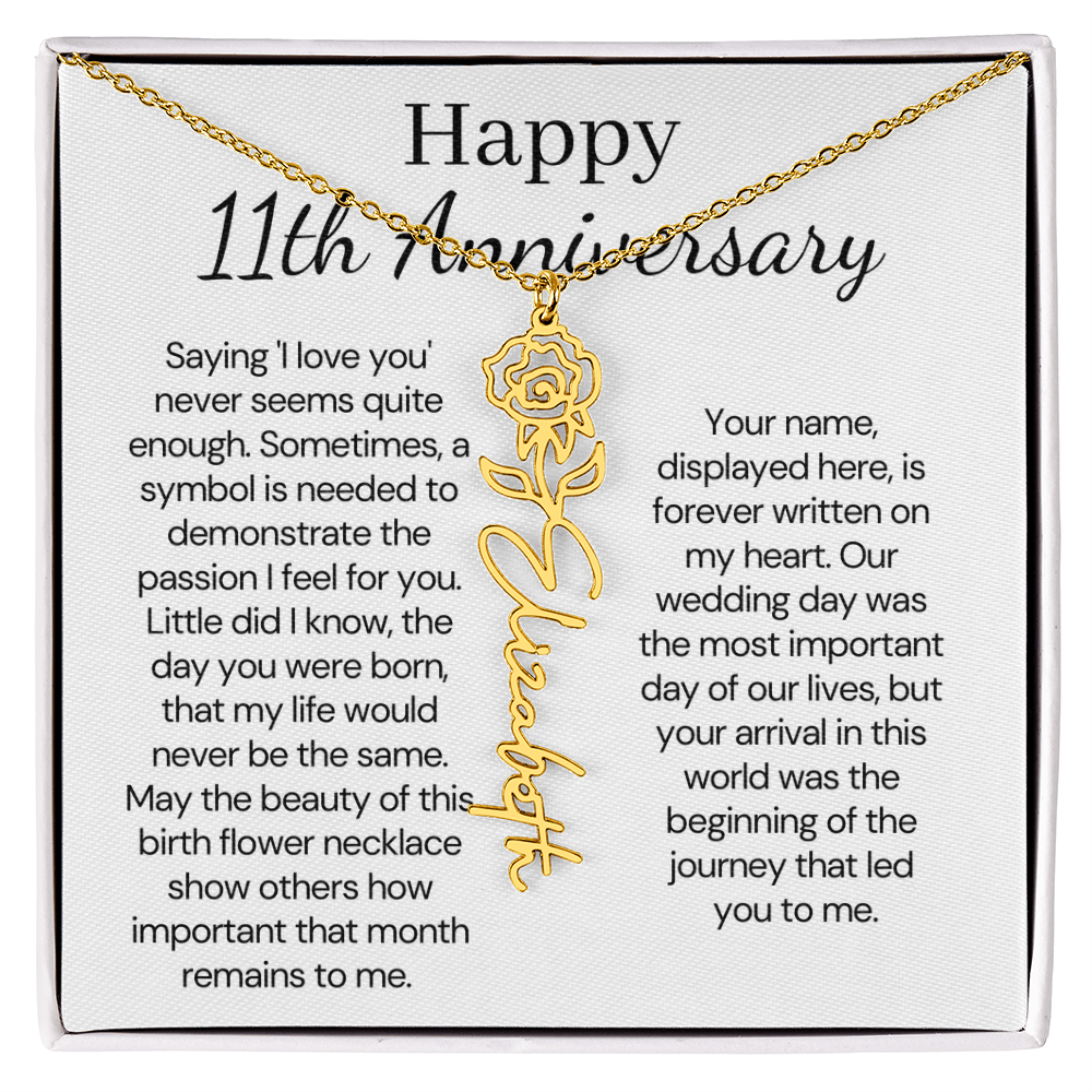 Personalized 11th Wedding Anniversary Gift for Wife – Customized Birth Flower Name Necklace – Unique Eleventh Anniversary Gift Ideas for Wife from Husband