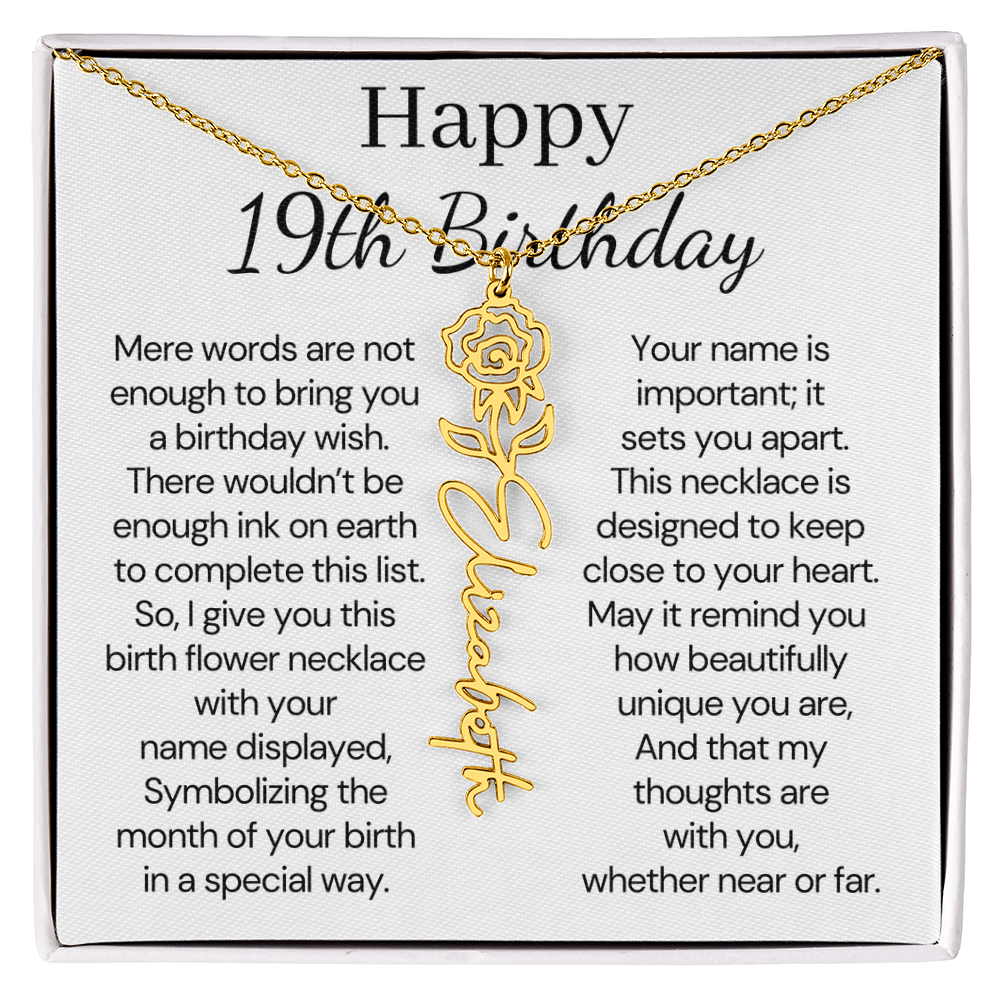 Personalized 19th Birthday Gift for Her  – Customized Birth Flower Name Necklace – 19th Birthday Jewelry Gift for Granddaughter, Daughter, or Niece