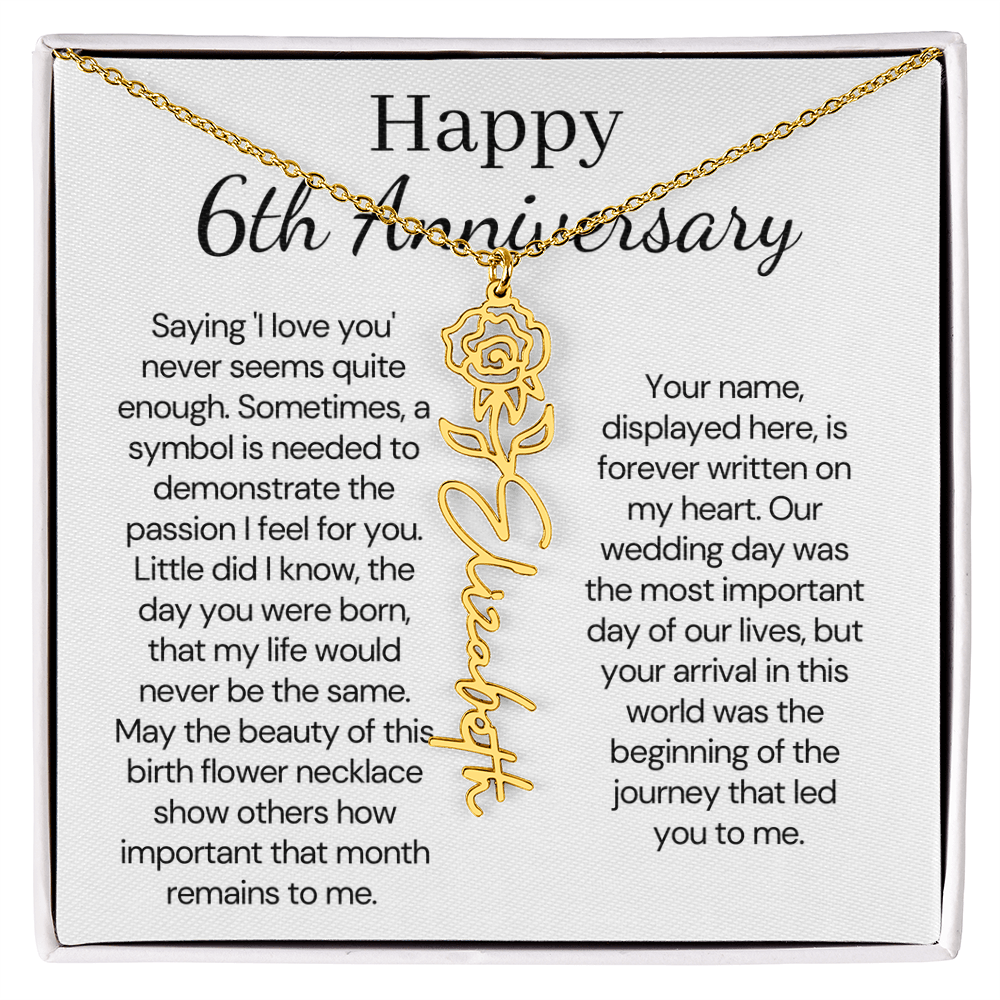 Personalized 6th Wedding Anniversary Gift for Wife – Customized Birth Flower Name Necklace – Unique Sixth Anniversary Gift Ideas for Wife from Husband