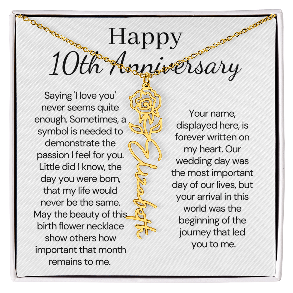 Personalized 10th Wedding Anniversary Gift for Wife – Customized Birth Flower Name Necklace – Unique Tenth Anniversary Gift Ideas for Wife from Husband