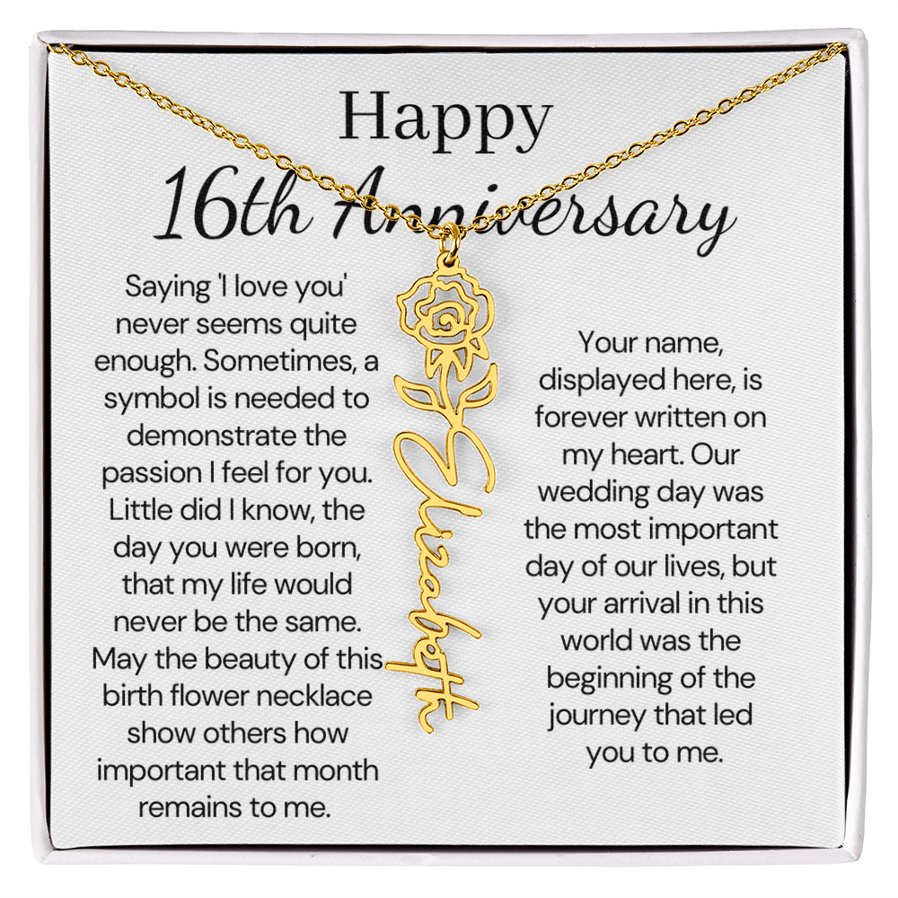 Personalized 16th Anniversary Gift for Wife – Customized Birth Flower Name Necklace – Unique Sixteenth Wedding Anniversary Gift Ideas for Wife